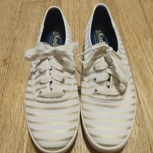Keds Gold and White Striped Low Rise Sneakers Sz 6